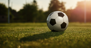 Black and white soccer ball in foreground, grass and field in background.